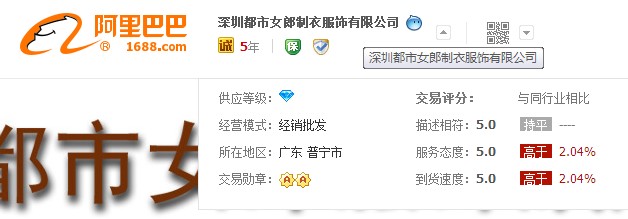 深圳某某郎制衣服饰有限公司入驻阿里巴巴诚信通店铺展示