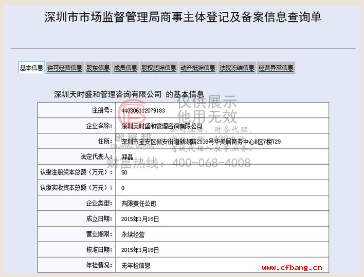 深圳某某和管理咨询有限公司工商网信息查询展示