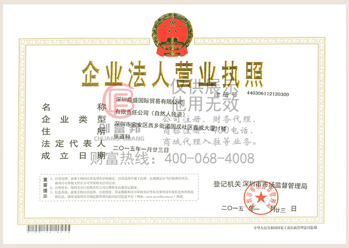 深圳某某盛国际贸易有限公司营业执照展示