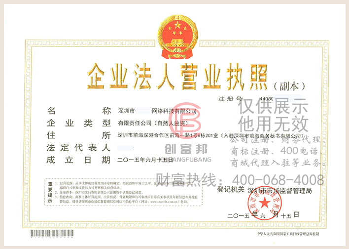 深圳市某某网络科技有限公司营业执照展示